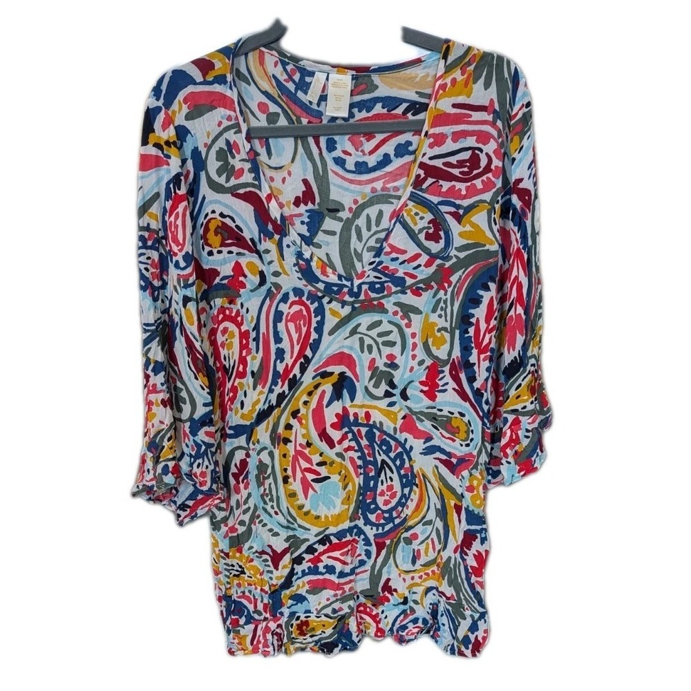 Anne Cole M Cover up Paisley Tropical Gauzy V Neck Flounce Sleeve Colorful Beach